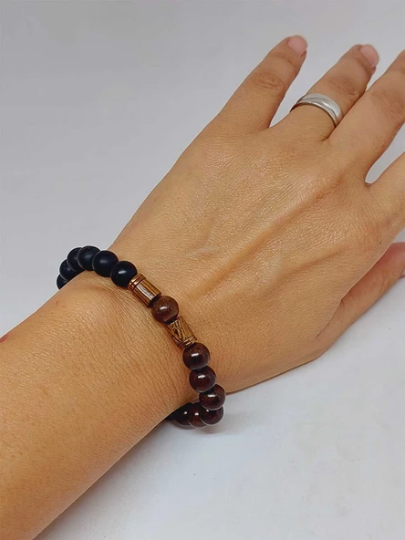 Ceviz Ağacı & Oniks Taşı 8mm Unisex Tasarım Bileklik Hawaii Model (5125) - Resim 4