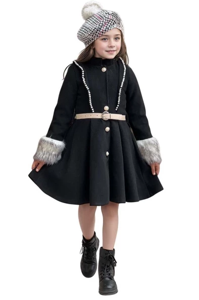 Kız Çocuk Kazayağı Desen Elbise Kolları Peluş ve Omuzları İnci İşleme Kemerli Siyah Kaşe Kaban