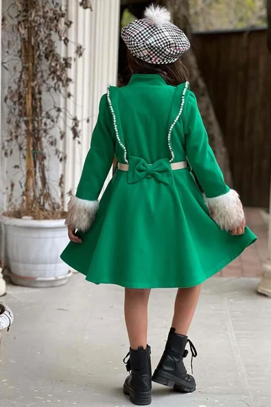 Kız Çocuk Kazayağı Desen Elbise Kolları Peluş ve Omuzları İnci İşleme Kemerli Yeşil Kaşe Kaban - 7