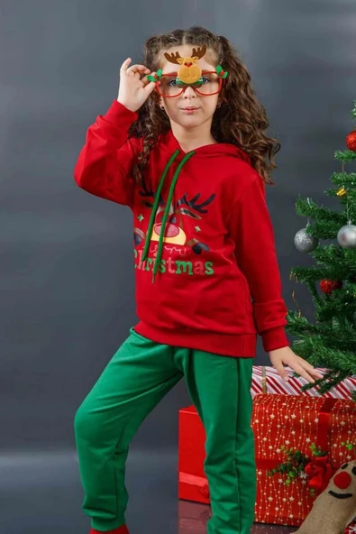 Kız Erkek Merry Christmas ve Geyik Baskılı Yeni Yıl Kırmızı Eşofman Takım - Resim 6