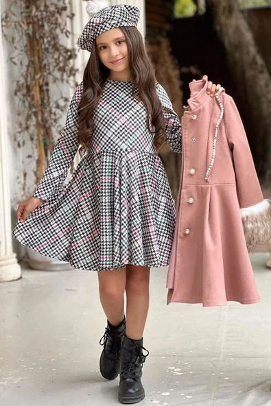 Kız Çocuk Kazayağı Desen Elbise Kolları Peluş ve Omuzları İnci İşleme Kemerli Pembe Kaşe Kaban - 6