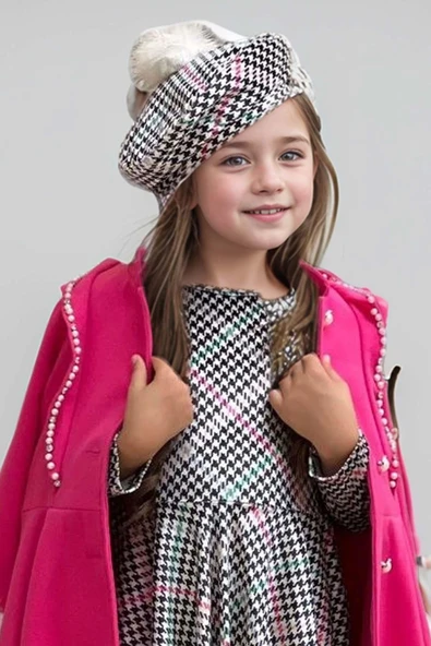 Kız Çocuk Kazayağı Desen Elbise Kolları Peluş ve Omuzları İnci İşleme Kemerli Fuşya Kaşe Kaban - 8