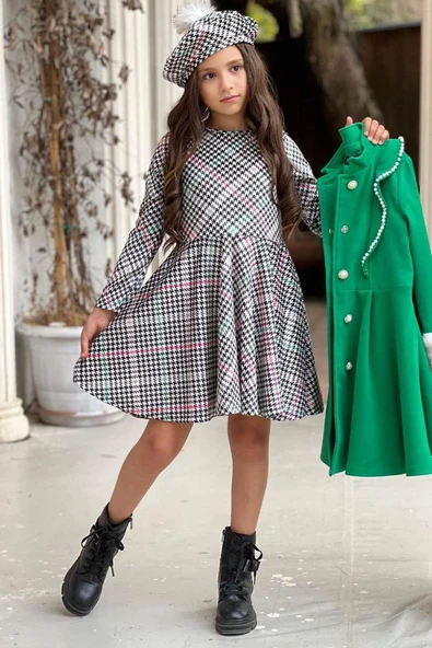 Kız Çocuk Kazayağı Desen Elbise Kolları Peluş ve Omuzları İnci İşleme Kemerli Yeşil Kaşe Kaban - 6