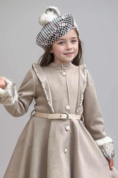 Kız Çocuk Kazayağı Desen Elbise Kolları Peluş ve Omuzları İnci İşleme Kemerli Fildişi Kaşe Kaban - 8