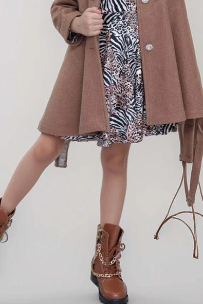 Kız Çocuk Leopar Desen Elbise Taş İşleme Yaka Boydan Düğme ve Kemer Detaylı Kahverengi Kaşe Kaban - 9