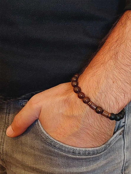 Ceviz Ağacı & Oniks Taşı 8mm Unisex Tasarım Bileklik Hawaii Model (5125) - Resim 3