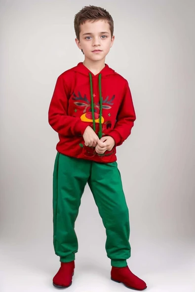 Kız Erkek Merry Christmas ve Geyik Baskılı Yeni Yıl Kırmızı Eşofman Takım ürün görseli