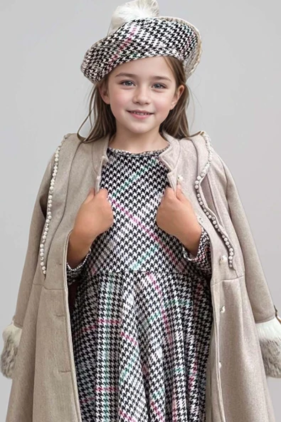 Kız Çocuk Kazayağı Desen Elbise Kolları Peluş ve Omuzları İnci İşleme Kemerli Fildişi Kaşe Kaban - 9