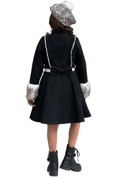 Kız Çocuk Kazayağı Desen Elbise Kolları Peluş ve Omuzları İnci İşleme Kemerli Siyah Kaşe Kaban - 3