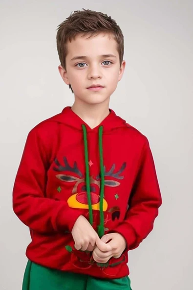 Kız Erkek Merry Christmas ve Geyik Baskılı Yeni Yıl Kırmızı Eşofman Takım - Resim 2