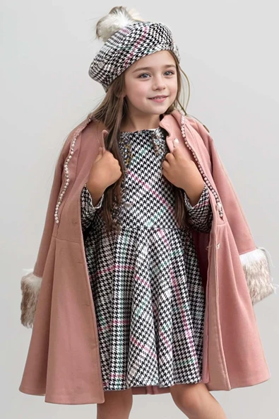 Kız Çocuk Kazayağı Desen Elbise Kolları Peluş ve Omuzları İnci İşleme Kemerli Pembe Kaşe Kaban - 9