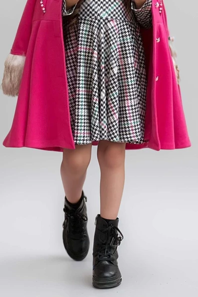 Kız Çocuk Kazayağı Desen Elbise Kolları Peluş ve Omuzları İnci İşleme Kemerli Fuşya Kaşe Kaban - 9