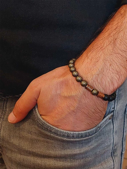 Pirit & Oniks Taşı 8mm Unisex Tasarım Bileklik Hawaii Model (2916) - Resim 3