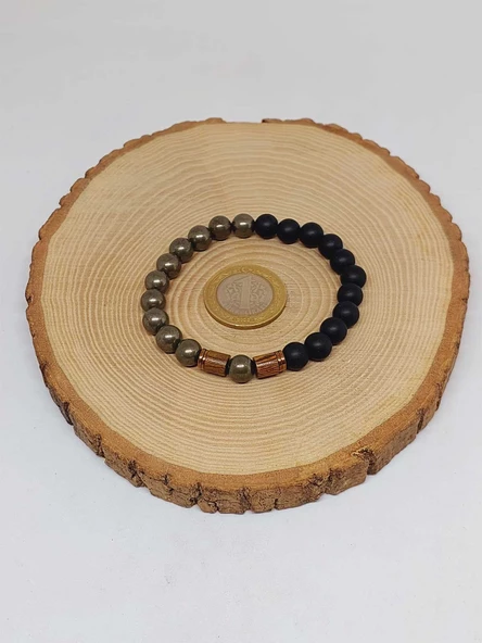 Pirit & Oniks Taşı 8mm Unisex Tasarım Bileklik Hawaii Model (2916) - Resim 5