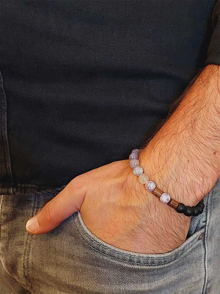 Turmalin Ebruli Renk & Oniks Taşı 8mm Unisex Tasarım Bileklik Hawaii Model (19445) - Resim 3