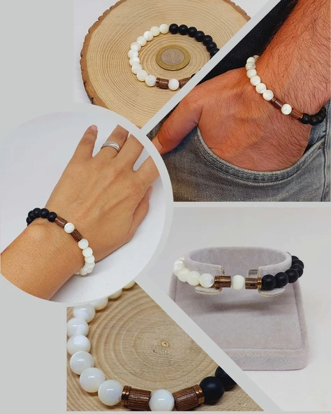 Sedef Beyaz Renk & Oniks Taşı 8mm Unisex Tasarım Bileklik Hawaii Model (14345) ürün görseli