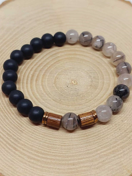 Rutil Kuvars (Beril) & Oniks Taşı 8mm Unisex Tasarım Bileklik Hawaii Model (54334) - Resim 6