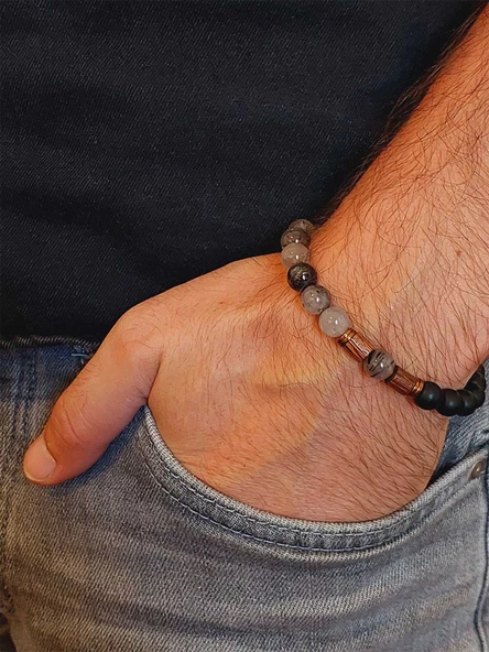 Rutil Kuvars (Beril) & Oniks Taşı 8mm Unisex Tasarım Bileklik Hawaii Model (54334) - Resim 3