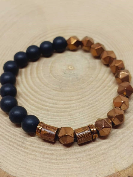 Hematit & Oniks Taşı 8mm Unisex Tasarım Bileklik Hawaii Model (52356) - Resim 6