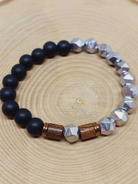 Hematit & Oniks Taşı 8mm Unisex Tasarım Bileklik Hawaii Model (52358) - Resim 6