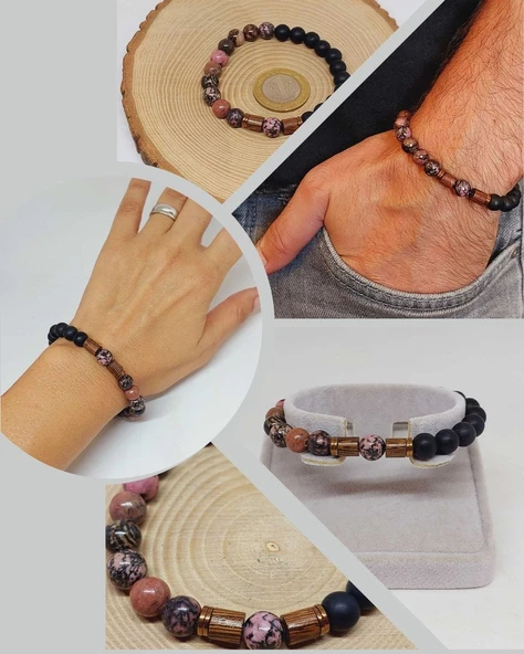 Rodonit & Oniks Taşı 8mm Unisex Tasarım Bileklik Hawaii Model (1853) ürün görseli