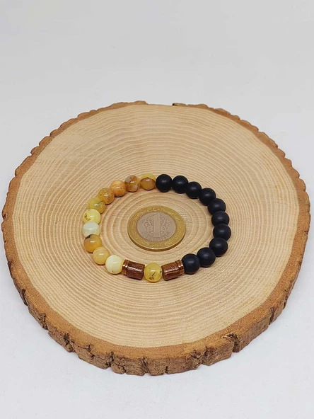 Opal Sarı Alacalı Renk & Oniks Taşı 8mm Unisex Tasarım Bileklik Hawaii Model (36135) - Resim 5