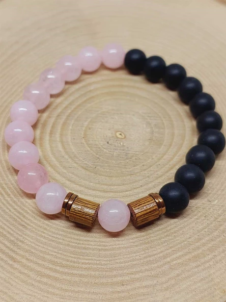 Pembe Kuvars & Oniks Taşı 8mm Unisex Tasarım Bileklik Hawaii Model (2958) - Resim 6