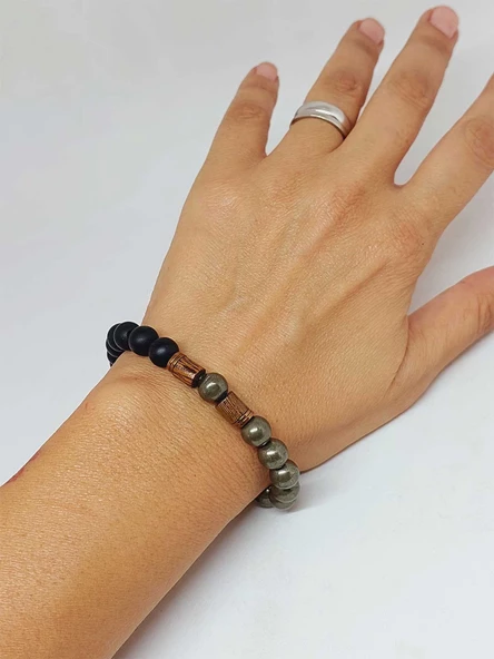 Pirit & Oniks Taşı 8mm Unisex Tasarım Bileklik Hawaii Model (2916) - Resim 4