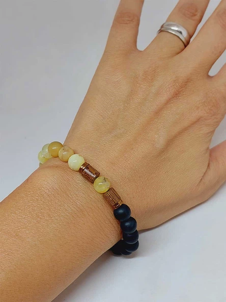 Opal Sarı Alacalı Renk & Oniks Taşı 8mm Unisex Tasarım Bileklik Hawaii Model (36135) - Resim 4