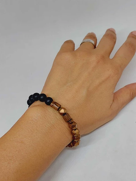 Hematit & Oniks Taşı 8mm Unisex Tasarım Bileklik Hawaii Model (52356) - Resim 4