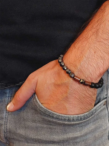 Hematit & Oniks Taşı 8mm Unisex Tasarım Bileklik Hawaii Model (52300) - Resim 3