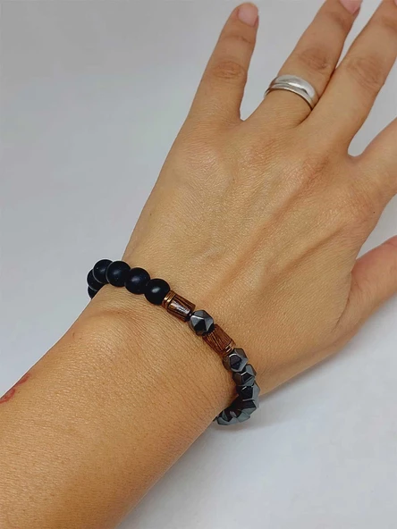 Hematit & Oniks Taşı 8mm Unisex Tasarım Bileklik Hawaii Model (52300) - Resim 4
