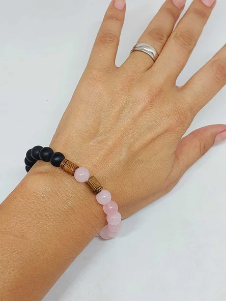 Pembe Kuvars & Oniks Taşı 8mm Unisex Tasarım Bileklik Hawaii Model (2958) - Resim 4