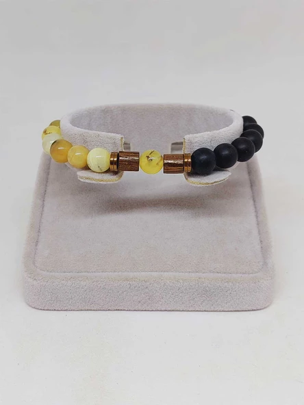 Opal Sarı Alacalı Renk & Oniks Taşı 8mm Unisex Tasarım Bileklik Hawaii Model (36135) - Resim 2