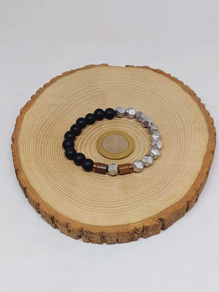 Hematit & Oniks Taşı 8mm Unisex Tasarım Bileklik Hawaii Model (52358) - Resim 5