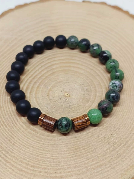 Anyolit (Rubizoit, Rubyzoisit) & Oniks Taşı 8mm Unisex Tasarım Bileklik Hawaii Model (3905) - Resim 6