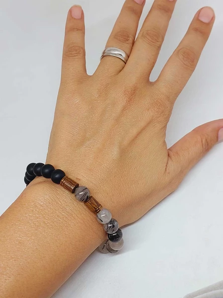 Rutil Kuvars (Beril) & Oniks Taşı 8mm Unisex Tasarım Bileklik Hawaii Model (54334) - Resim 4