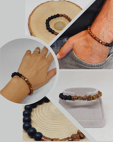 Hematit & Oniks Taşı 8mm Unisex Tasarım Bileklik Hawaii Model (52356) ürün görseli