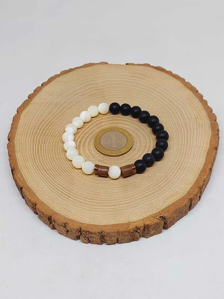 Sedef Beyaz Renk & Oniks Taşı 8mm Unisex Tasarım Bileklik Hawaii Model (14345) - Resim 5