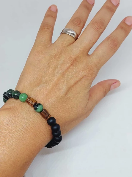 Anyolit (Rubizoit, Rubyzoisit) & Oniks Taşı 8mm Unisex Tasarım Bileklik Hawaii Model (3905) - Resim 4