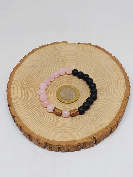 Pembe Kuvars & Oniks Taşı 8mm Unisex Tasarım Bileklik Hawaii Model (2958) - Resim 5