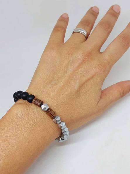 Hematit & Oniks Taşı 8mm Unisex Tasarım Bileklik Hawaii Model (52358) - Resim 4