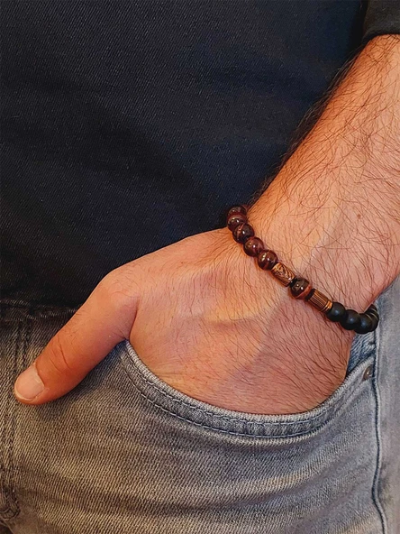 Şahin Gözü & Oniks Taşı 8mm Unisex Tasarım Bileklik Hawaii Model (11152) - Resim 3