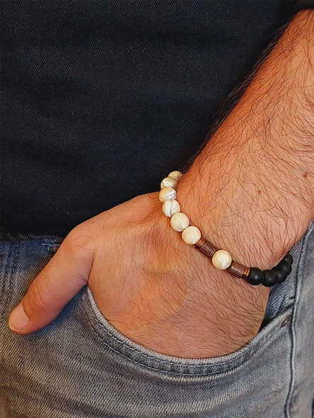 Sedef Karamel Renk & Oniks Taşı 8mm Unisex Tasarım Bileklik Hawaii Model (14365) - Resim 3