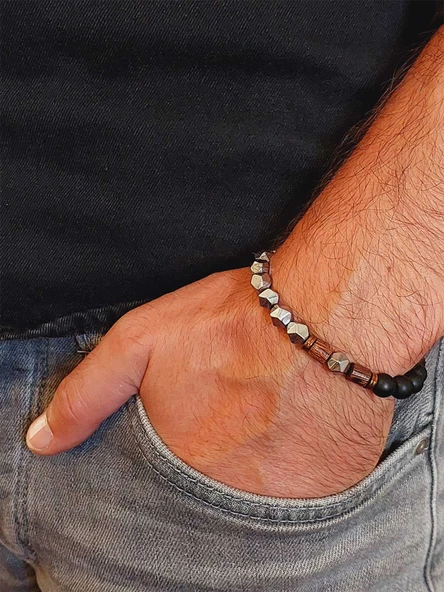 Hematit & Oniks Taşı 8mm Unisex Tasarım Bileklik Hawaii Model (52358) - Resim 3