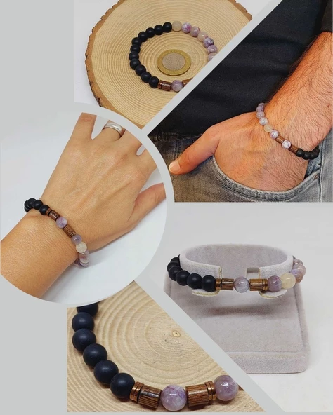 Turmalin Ebruli Renk & Oniks Taşı 8mm Unisex Tasarım Bileklik Hawaii Model (19445) ürün görseli