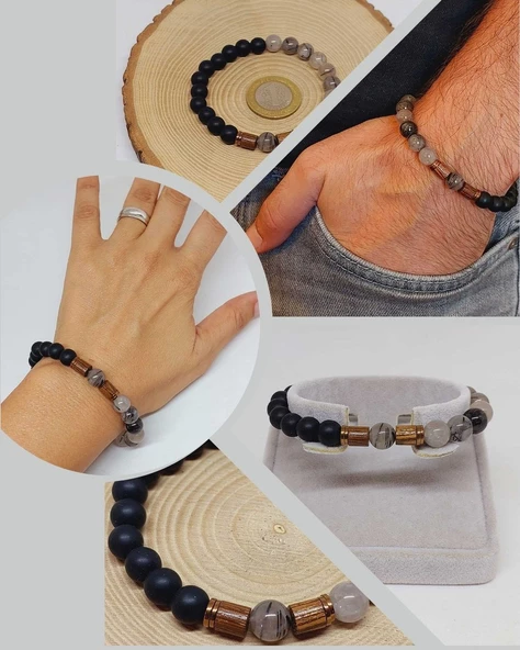 Rutil Kuvars (Beril) & Oniks Taşı 8mm Unisex Tasarım Bileklik Hawaii Model (54334) ürün görseli