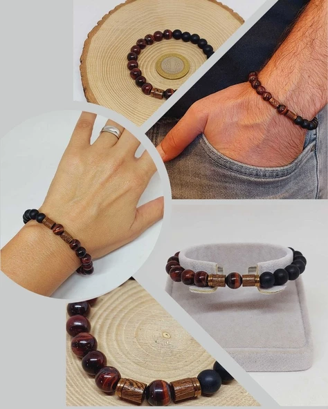 Şahin Gözü & Oniks Taşı 8mm Unisex Tasarım Bileklik Hawaii Model (11152) ürün görseli