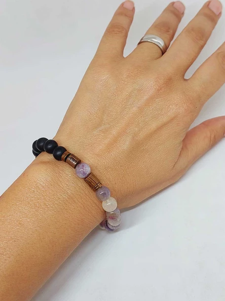 Turmalin Ebruli Renk & Oniks Taşı 8mm Unisex Tasarım Bileklik Hawaii Model (19445) - Resim 4