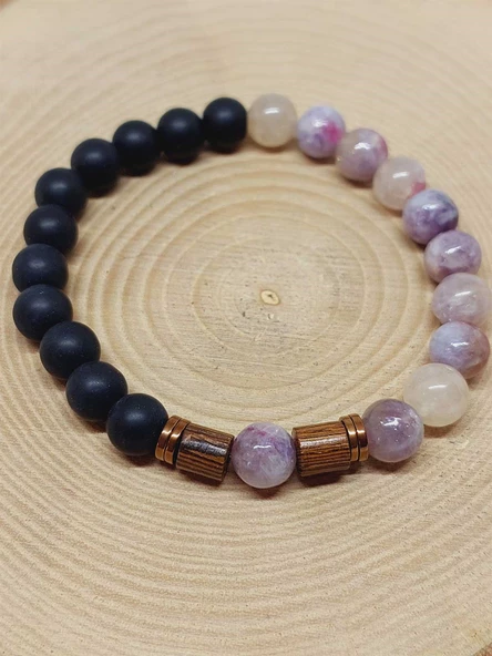 Turmalin Ebruli Renk & Oniks Taşı 8mm Unisex Tasarım Bileklik Hawaii Model (19445) - Resim 6